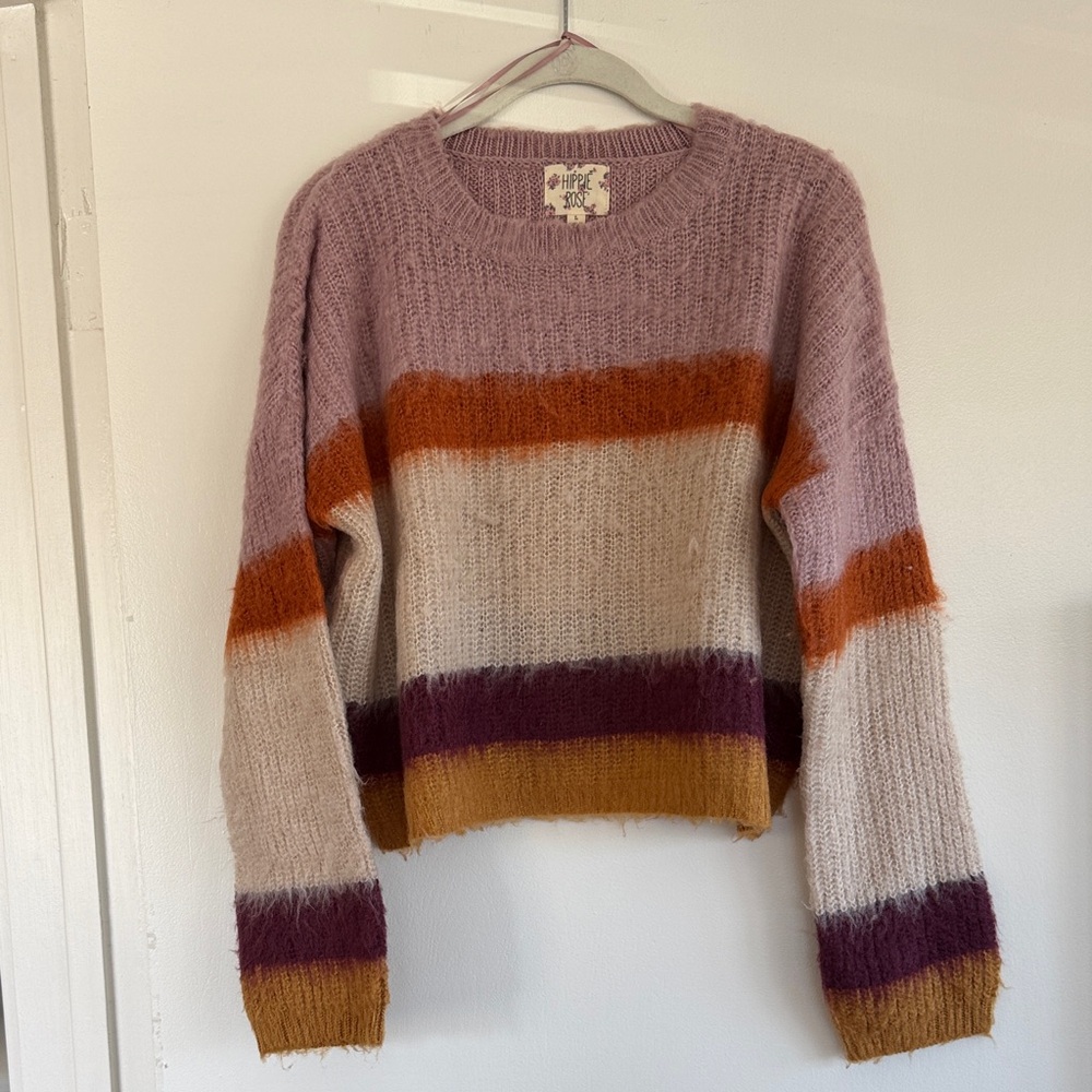 Hippie Rose Lavender Crewneck Sweater with Rust, Cream, Plum & Mustard Stripes